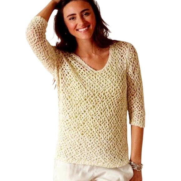 J. Jill Lemongrass Marled Yellow Open Stitch Crochet Chunky Knit Unlined Top - Picture 1 of 14